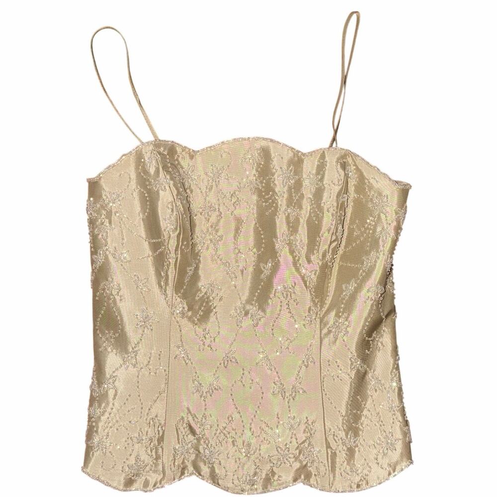 Vintage Y2K Beaded Champagne Corset Top Scalloped Camisole Medium